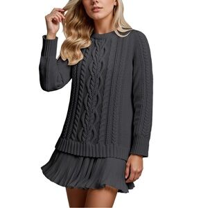 Cable Knit Sweater Dress w Pleated Chiffon Hem Black Size M Cozy Chic